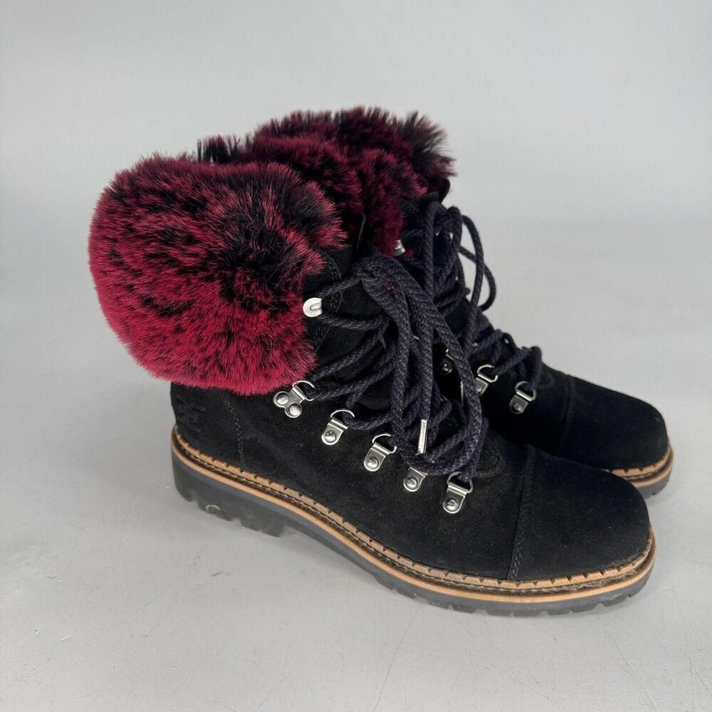 Sam Edelman Women’s Boots Bowen Black Suede Pink Fur Trim Lace Up Combat Sz 8